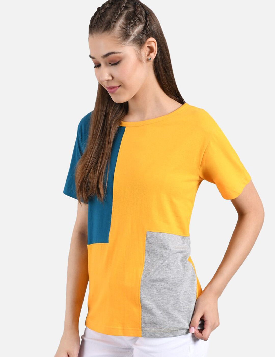 Kotty Women Yellow & Navy Blue Colourblocked Round Neck T-shirt
