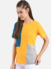 Kotty Women Yellow & Navy Blue Colourblocked Round Neck T-shirt