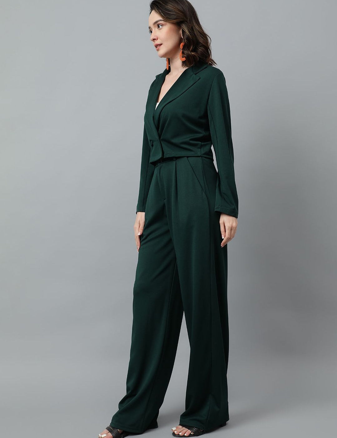 KOTTY BIZwear Green Notched Lapel Collar Blazer & Mid Rise Trouser