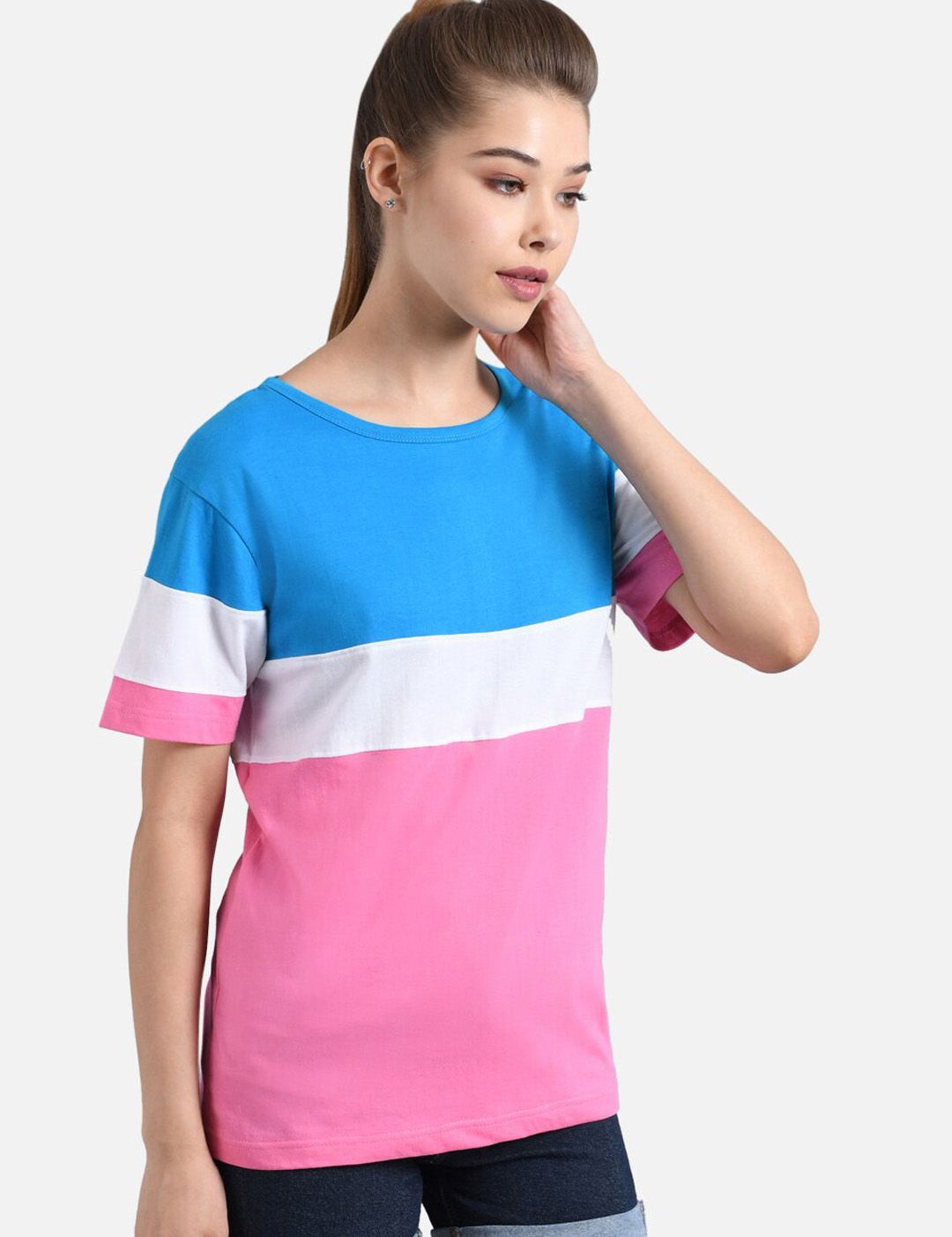 Kotty Women Pink & Turquoise Blue Colourblocked Round Neck T-shirt