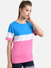 Kotty Women Pink & Turquoise Blue Colourblocked Round Neck T-shirt