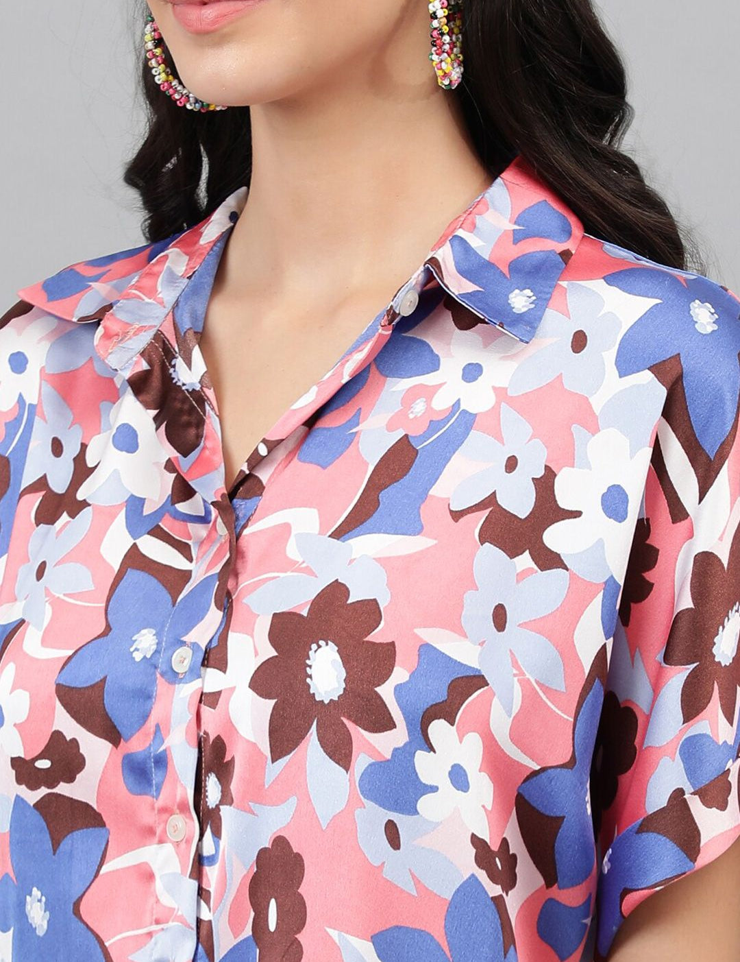 Kotty Pink & Blue Modern Floral Printed Extended Sleeves Satin Casual Shirt