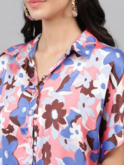 Kotty Pink & Blue Modern Floral Printed Extended Sleeves Satin Casual Shirt