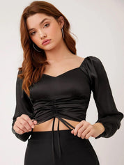 Kotty Black Sweetheart Neck Puff Sleeve Satin Fitted Crop Top