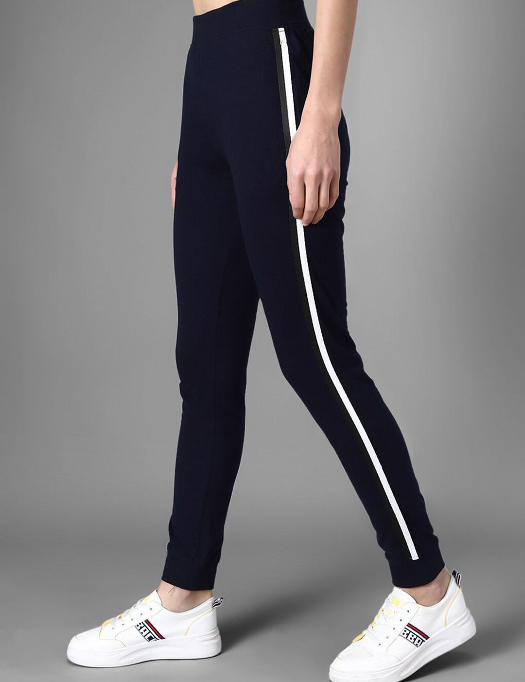 Kotty Women Navy Blue Solid Joggers with Side Stripes