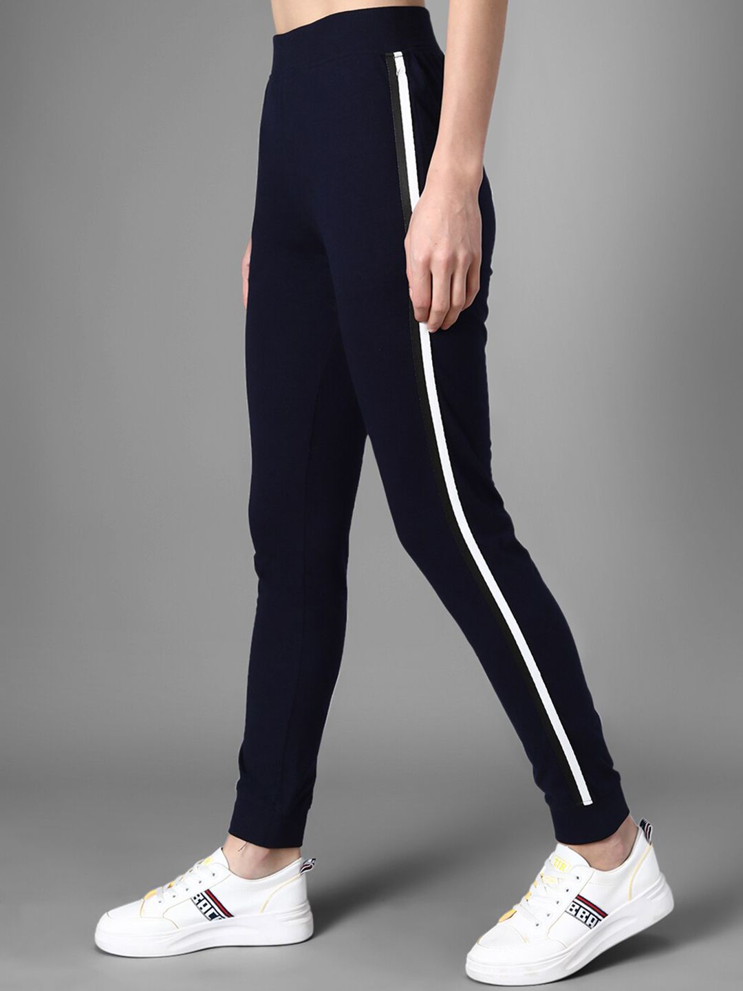 Kotty Women Navy Blue Solid Joggers with Side Stripes