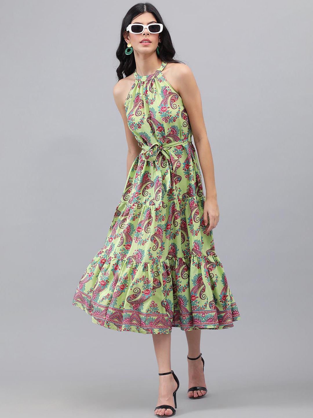 Kotty Green And Maroon Paisley Printed Halter Neck Tiered Fit & Flare Midi Dress