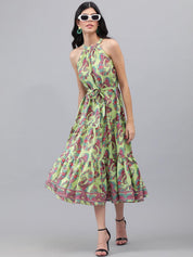 Kotty Green And Maroon Paisley Printed Halter Neck Tiered Fit & Flare Midi Dress