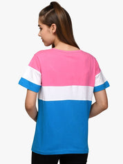 Kotty Women Blue & Pink Colourblocked Round Neck T-shirt