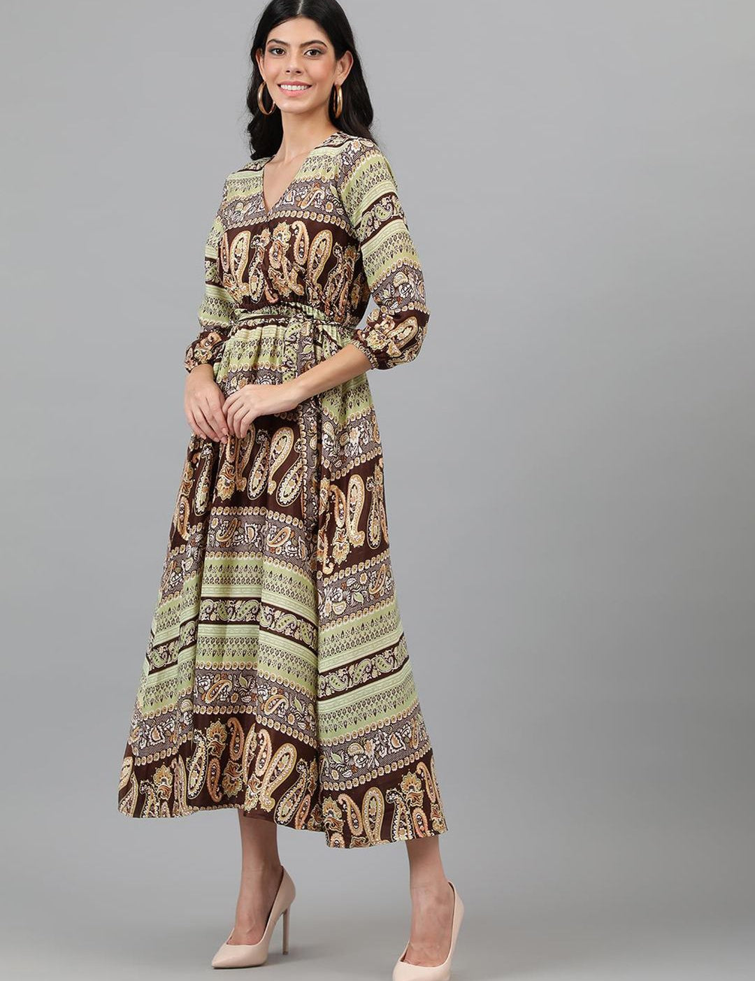 Kotty Brown & Yellow Ethnic Motifs Printed Wrap Maxi Dress