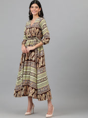 Kotty Brown & Yellow Ethnic Motifs Printed Wrap Maxi Dress