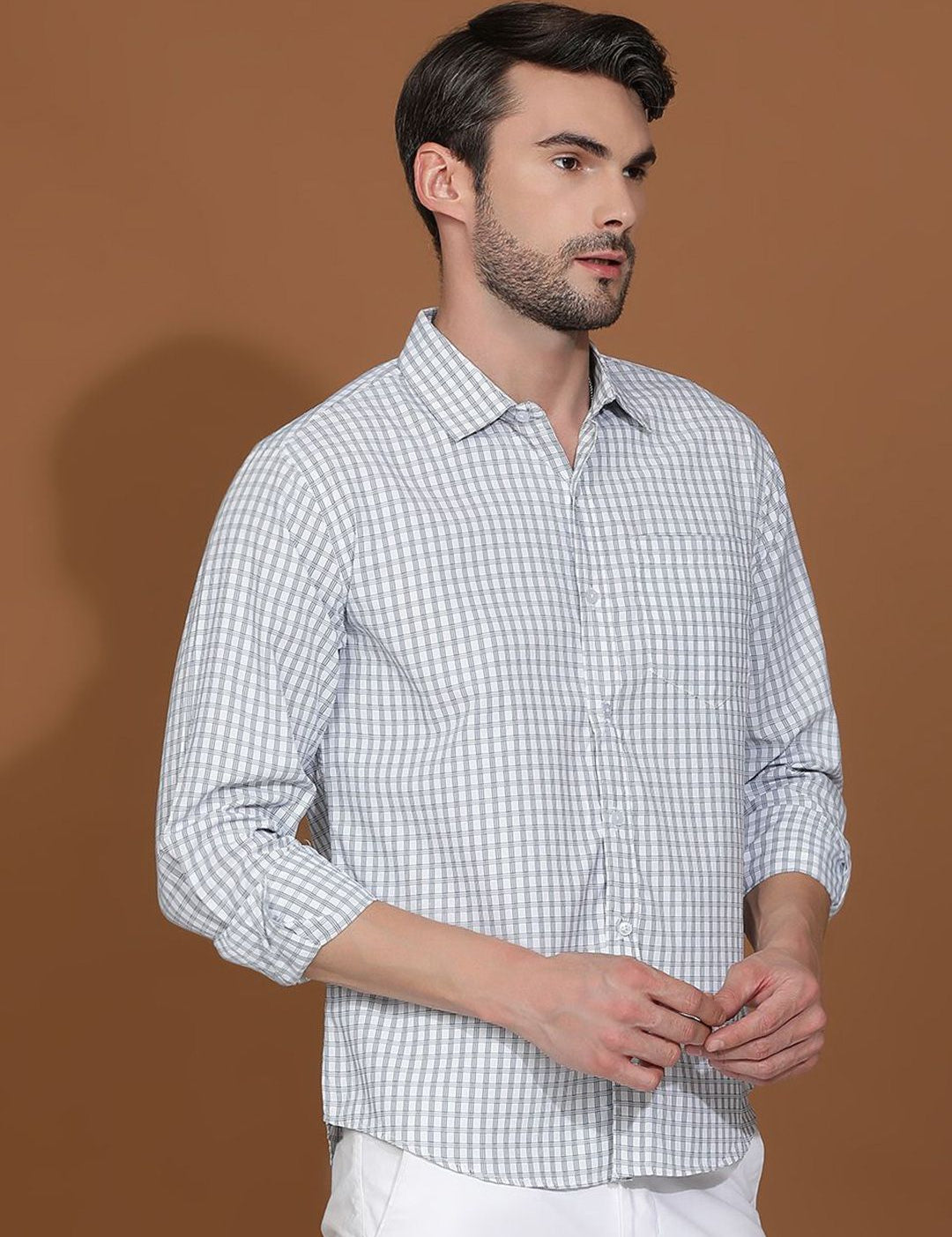 Kotty White & Blue Gingham Checks Printed Spread Collar Casual Shirt