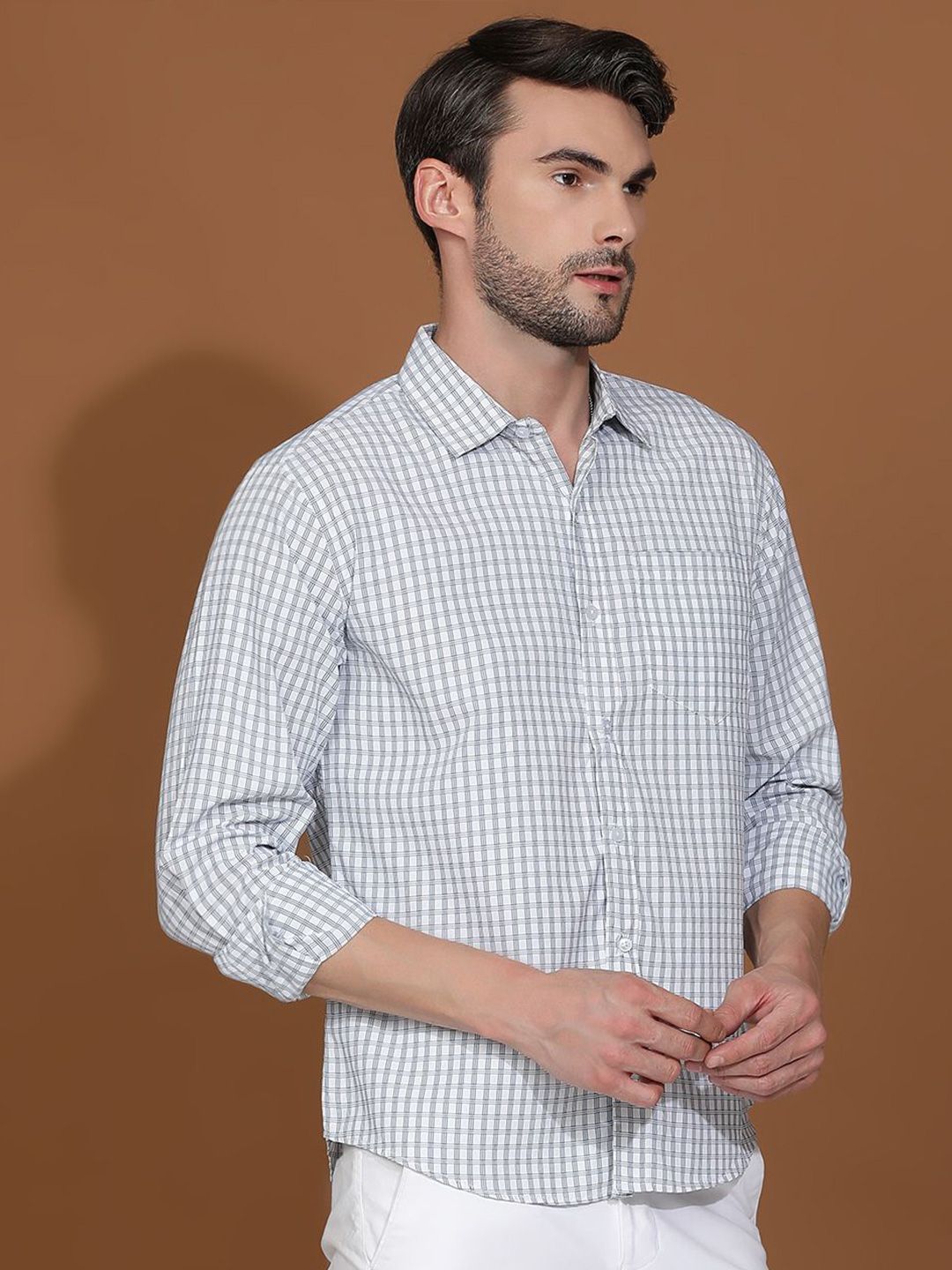 Kotty White & Blue Gingham Checks Printed Spread Collar Casual Shirt