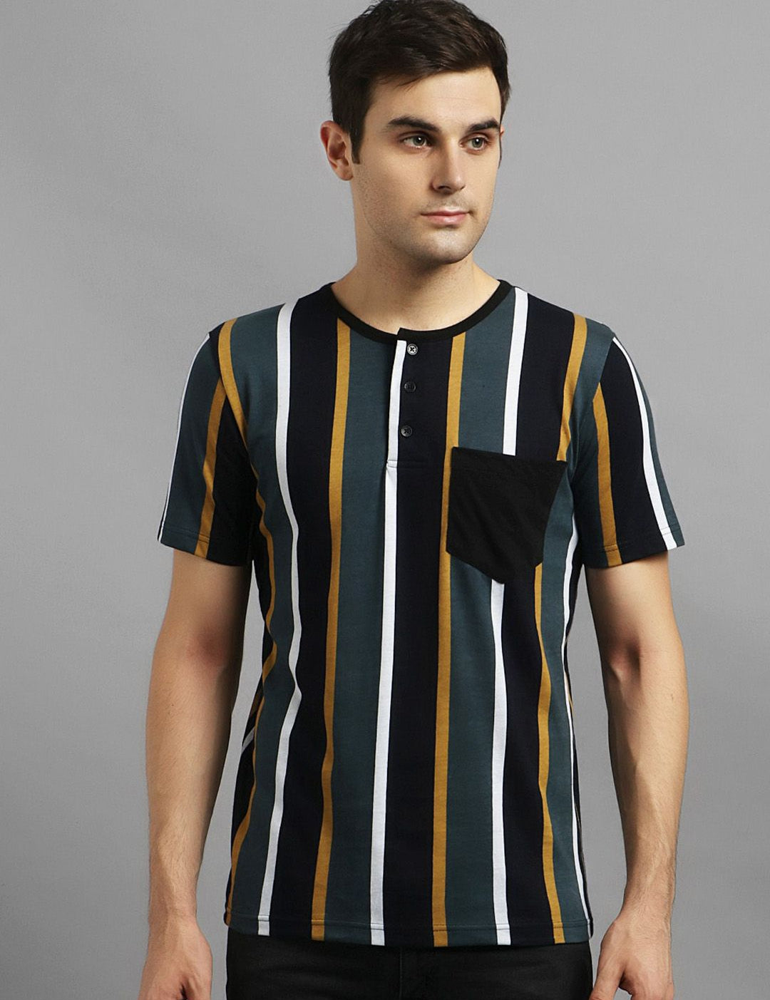Kotty Men Grey & Black Striped Round Neck T-shirt