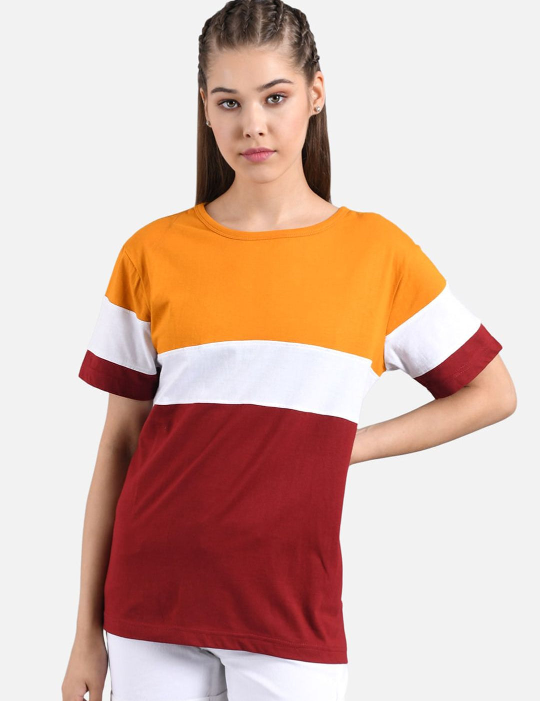 Kotty Women Orange & Maroon Colourblocked Round Neck T-shirt