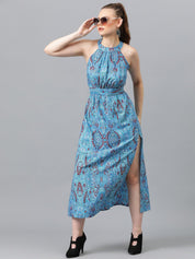 Kotty Blue Floral Printed Round Neck Maxi Dress