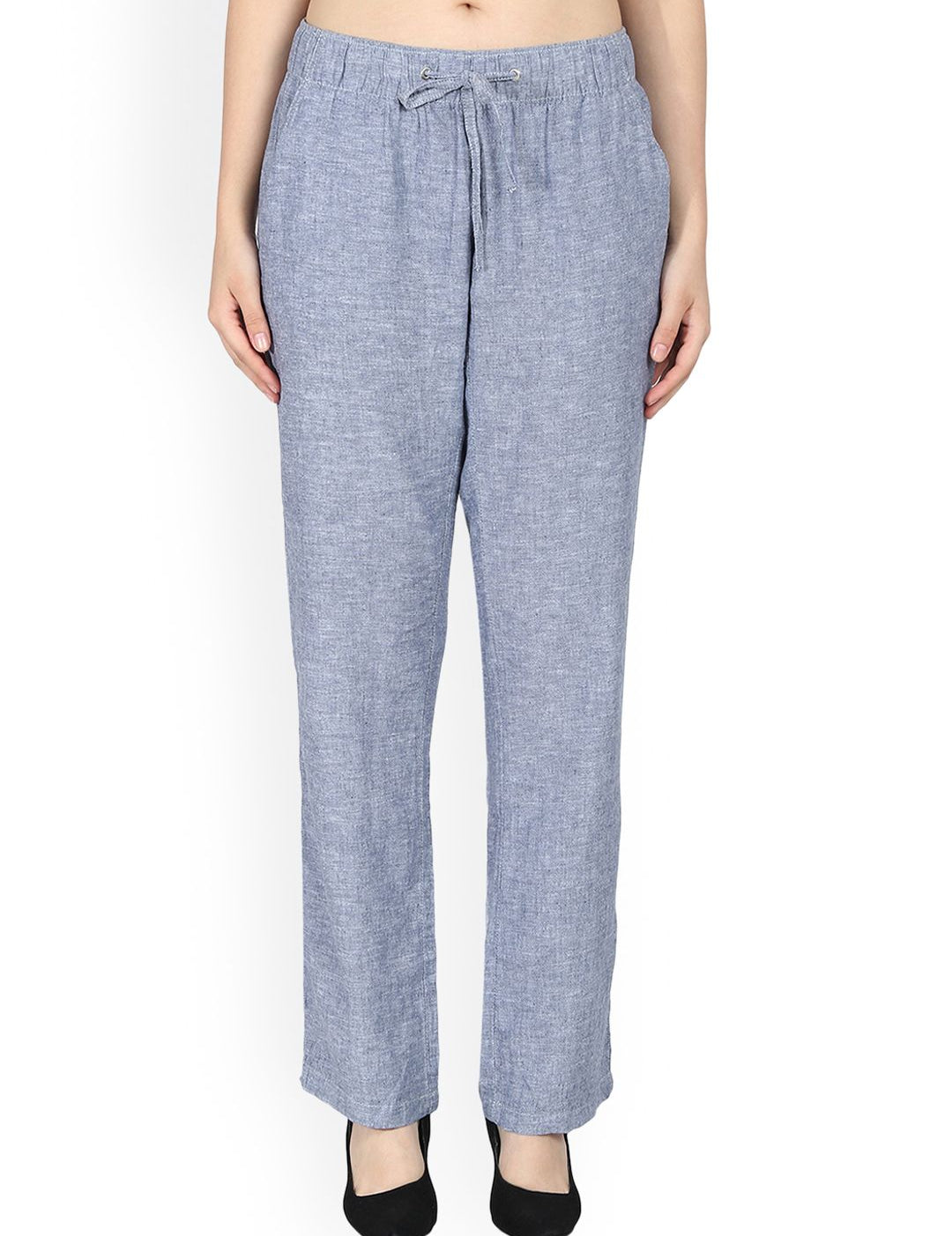 Kotty Women Blue Regular Fit Solid Linen Regular Trousers