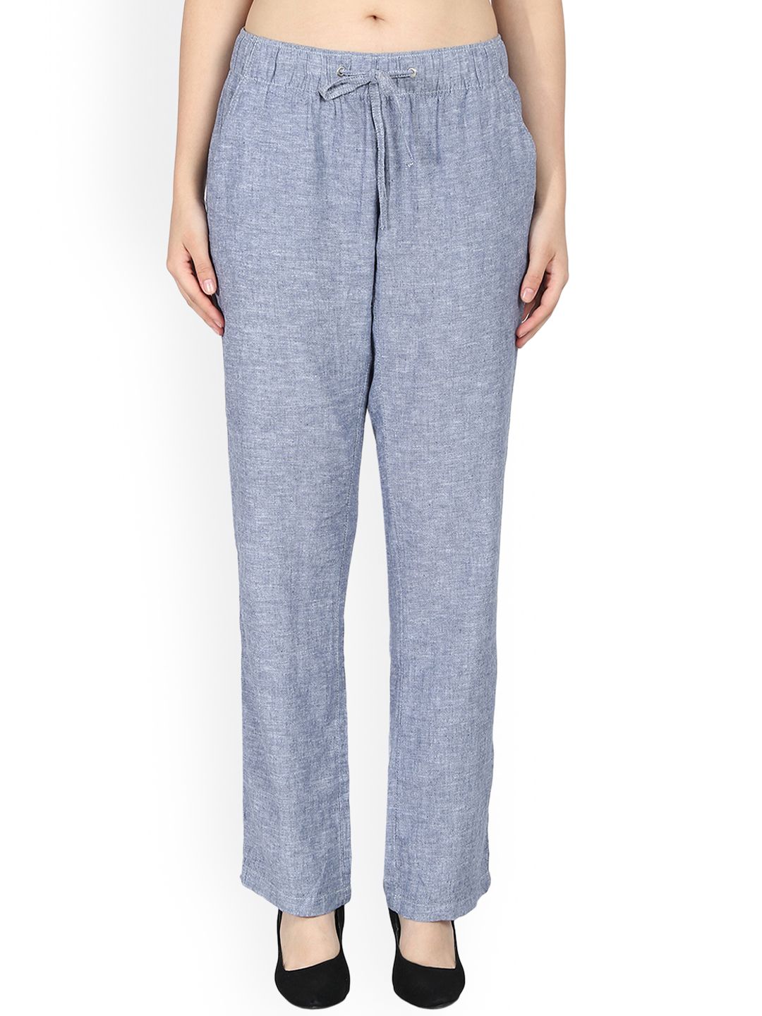 Kotty Women Blue Regular Fit Solid Linen Regular Trousers