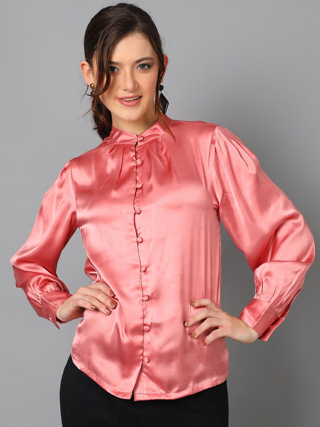 Kotty Pink Cuffed Sleeves Satin Shirt Style Top