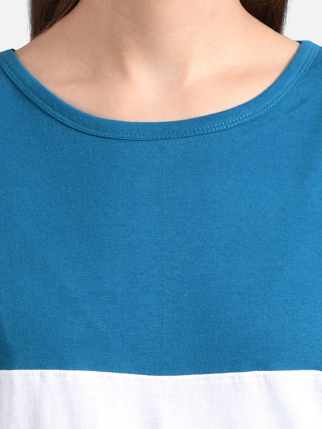 Kotty Women Blue & Grey Colourblocked Round Neck T-shirt