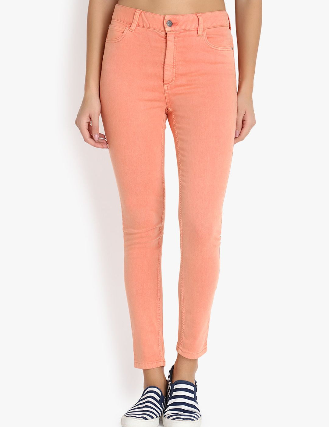 Kotty Women Coral Orange Skinny Fit High-Rise Clean Look Stretchable Jeans