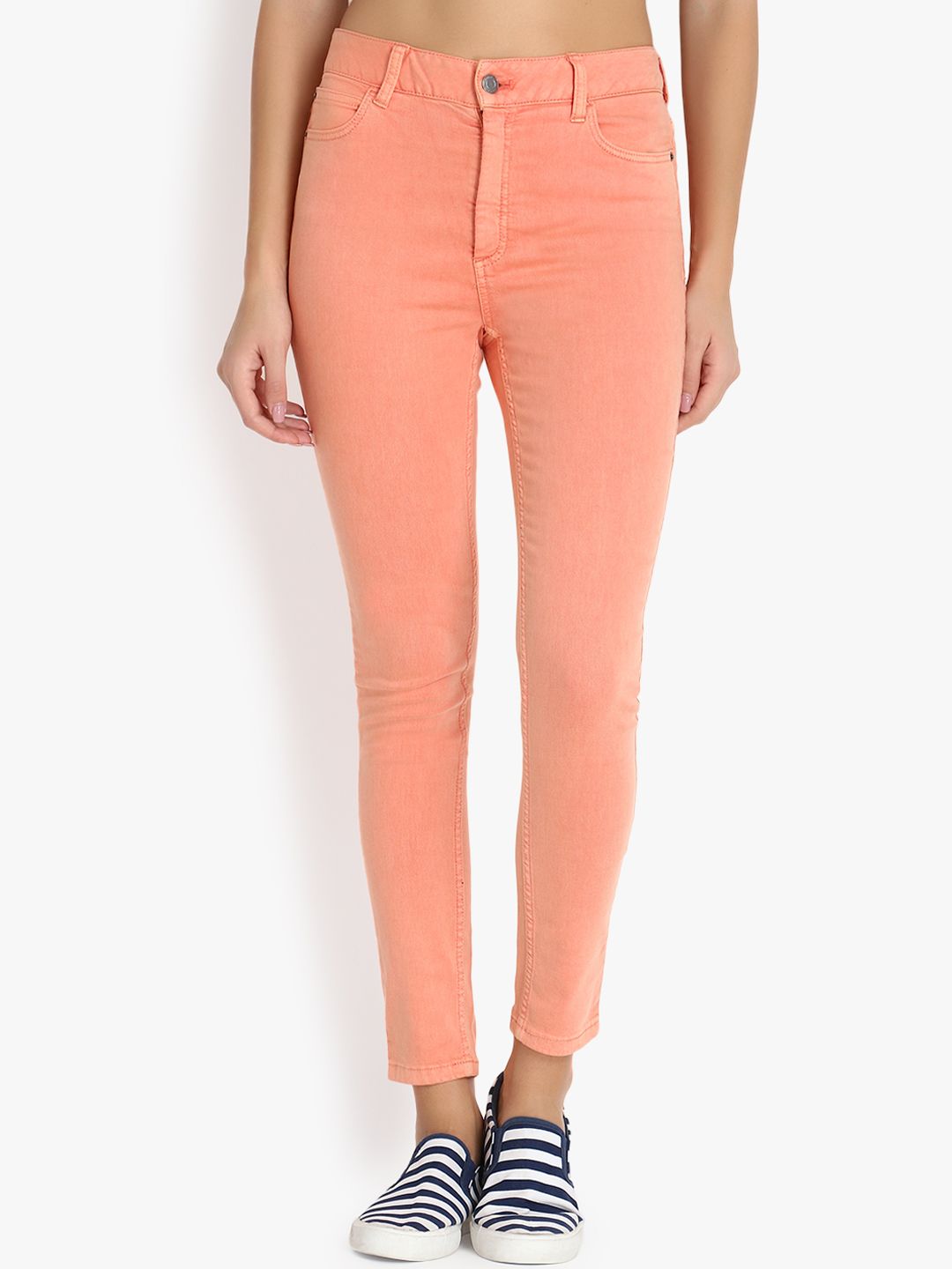 Kotty Women Coral Orange Skinny Fit High-Rise Clean Look Stretchable Jeans