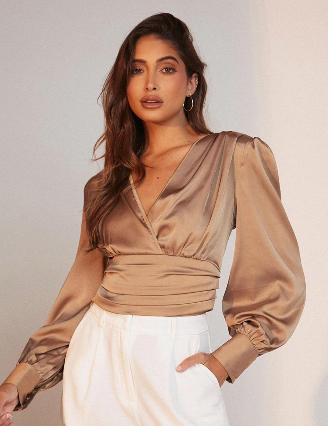 Kotty V-Neck Ruched Solid Wrap Top