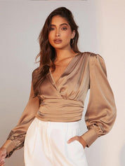 Kotty V-Neck Ruched Solid Wrap Top