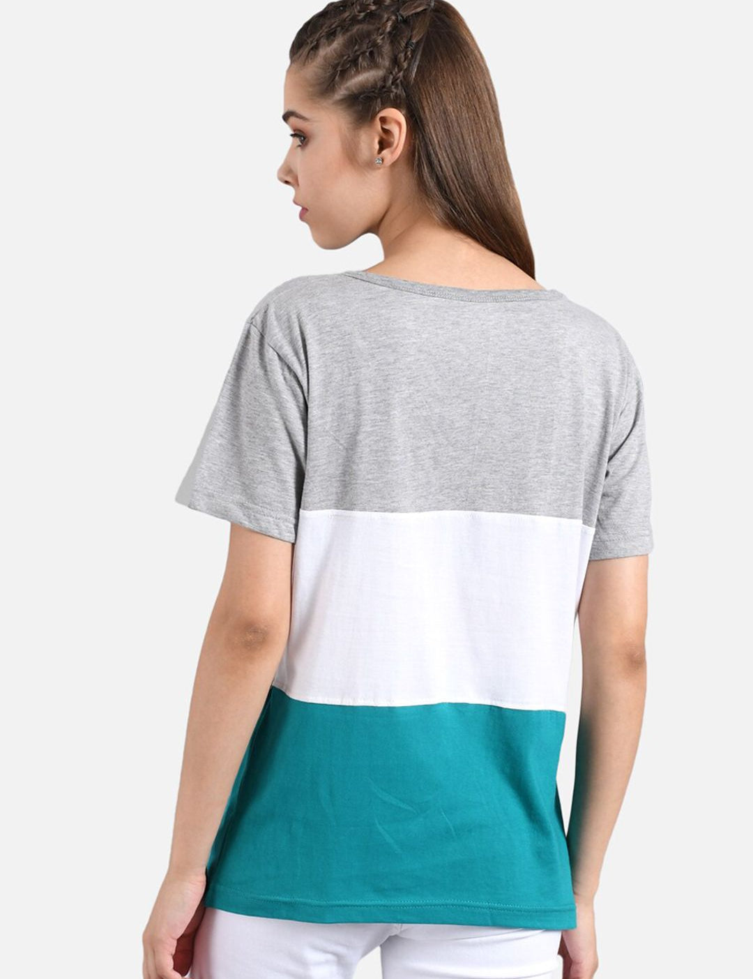 Kotty Women Grey Colourblocked Round Neck T-shirt