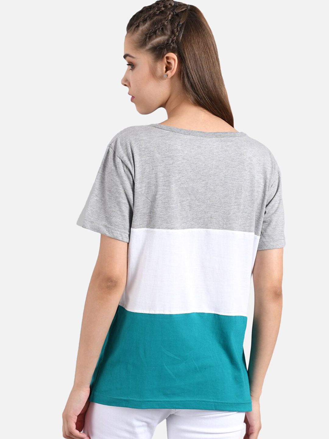 Kotty Women Grey Colourblocked Round Neck T-shirt