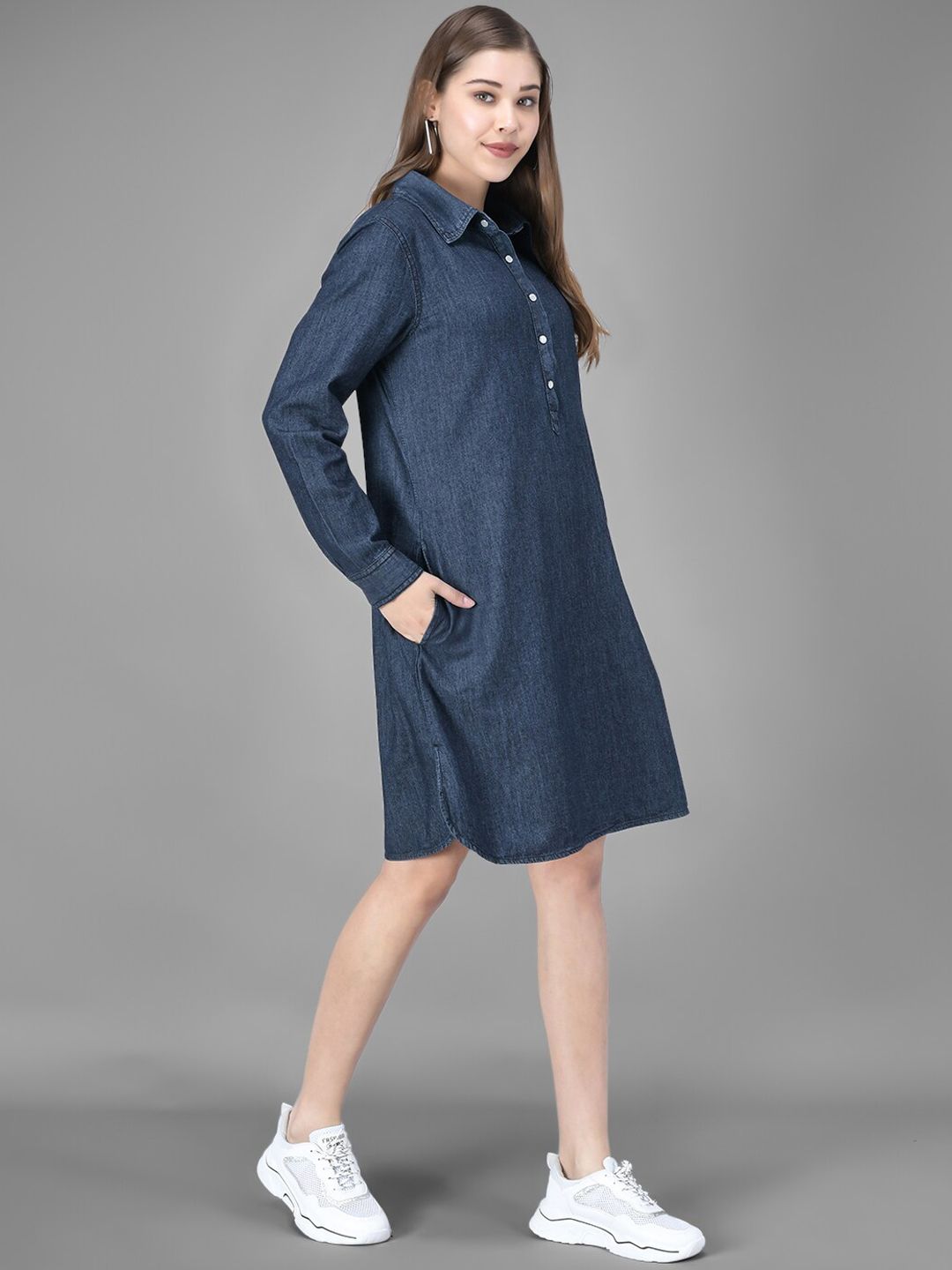 Kotty Women Denim Blue Solid A-Line Dress
