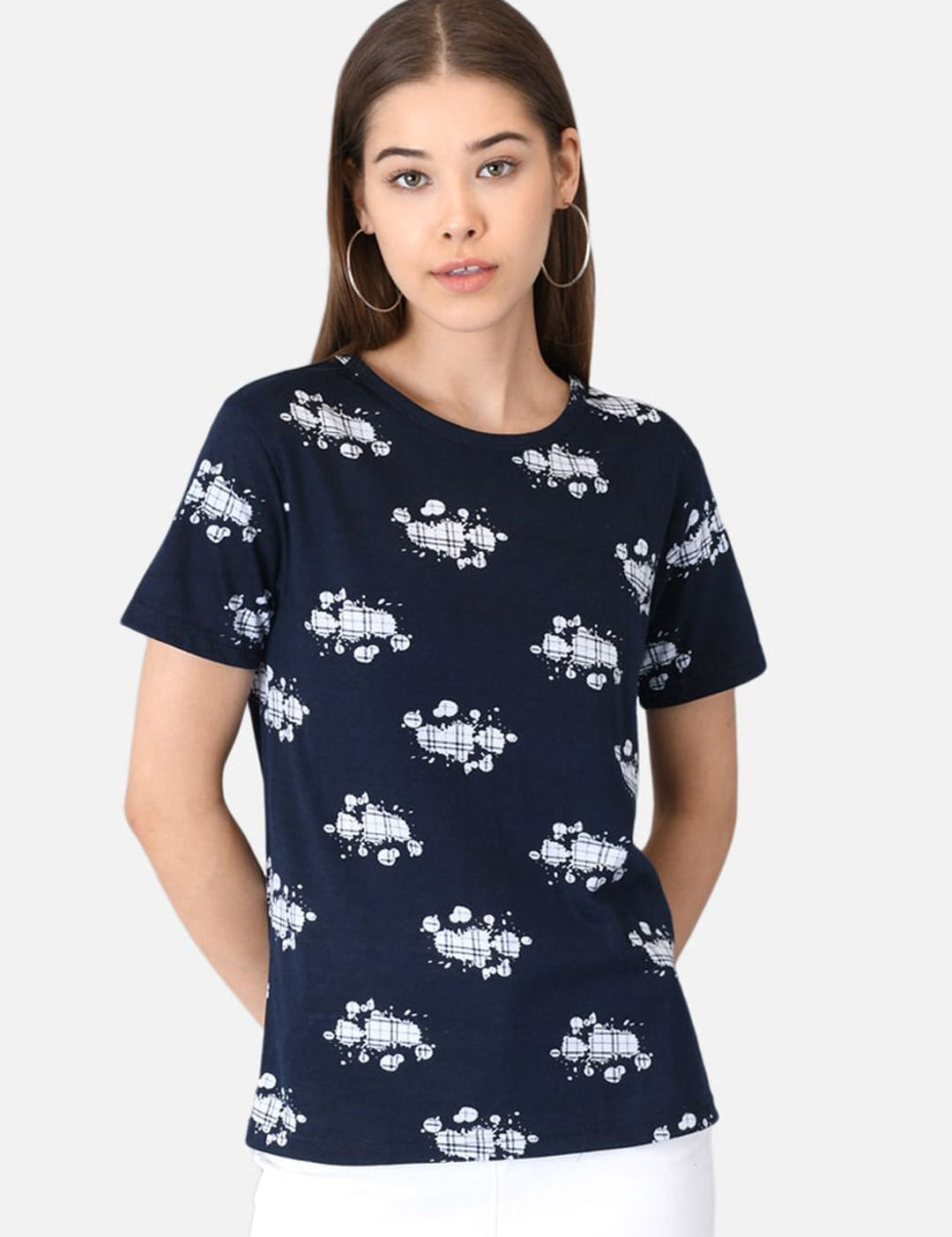 Kotty Women Navy Blue Printed Round Neck T-shirt