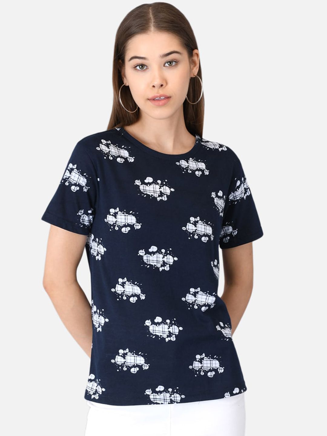 Kotty Women Navy Blue Printed Round Neck T-shirt