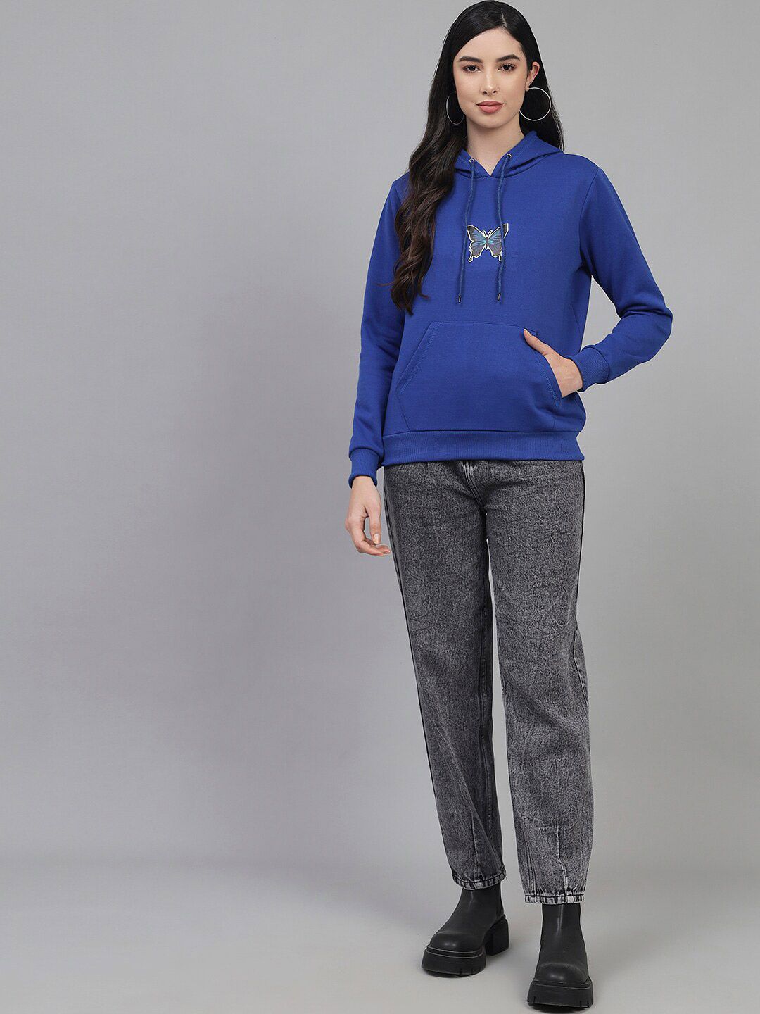 Kotty Women Blue Printed Fleece Hooded Sweatshirt