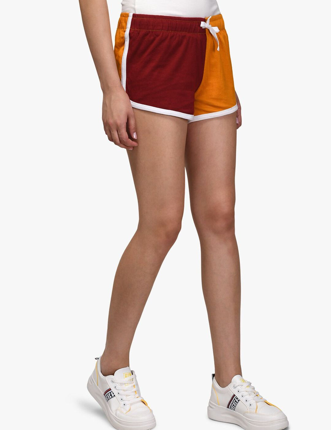 Kotty Women Maroon & Yellow Colourblocked Regular Fit Shorts