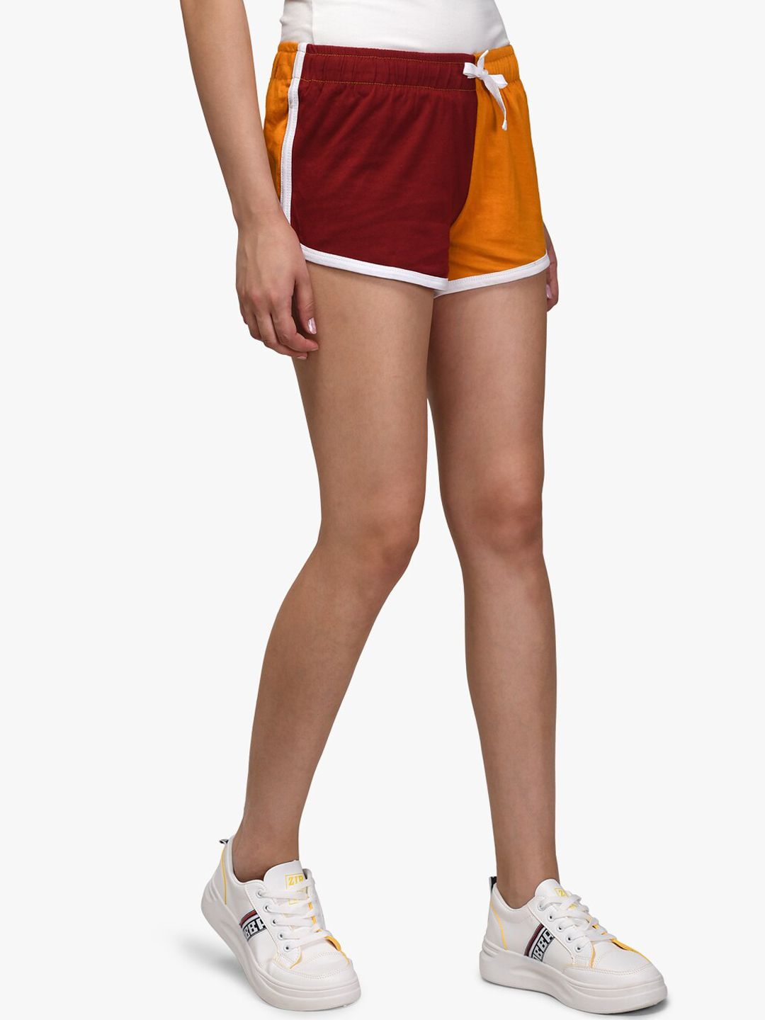 Kotty Women Maroon & Yellow Colourblocked Regular Fit Shorts