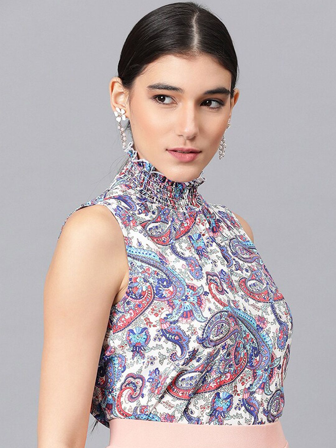 Kotty White Floral Printed High Neck Crepe Top