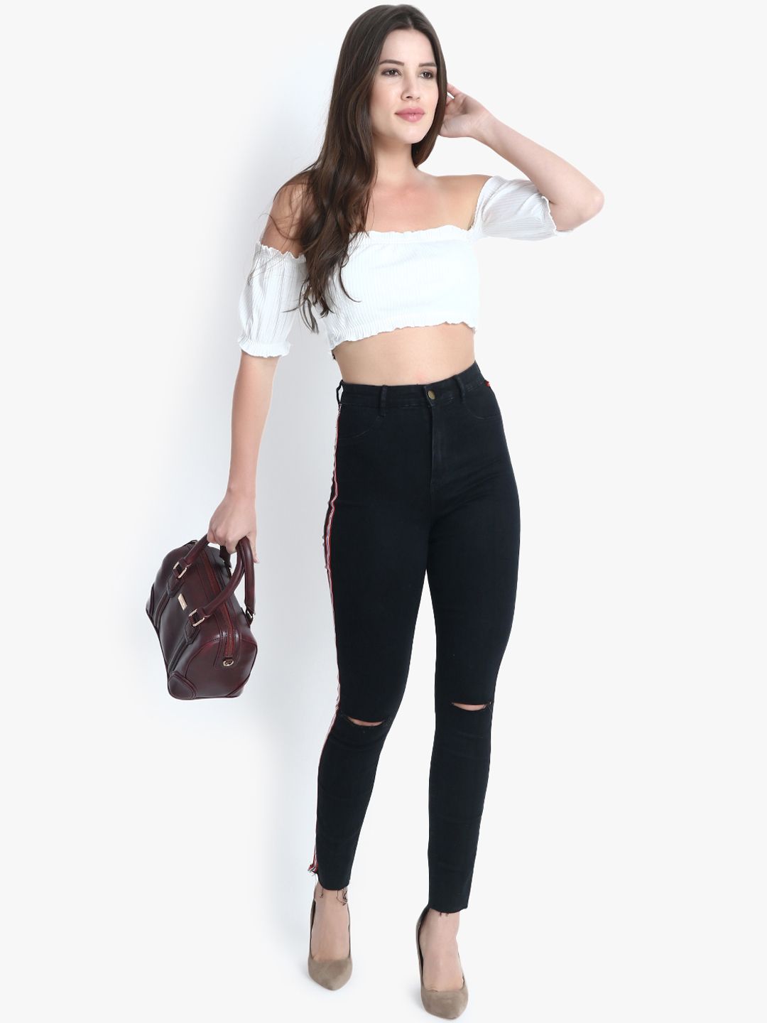 Kotty Women Black Skinny Fit High-Rise Slash Knee Stretchable Jeans