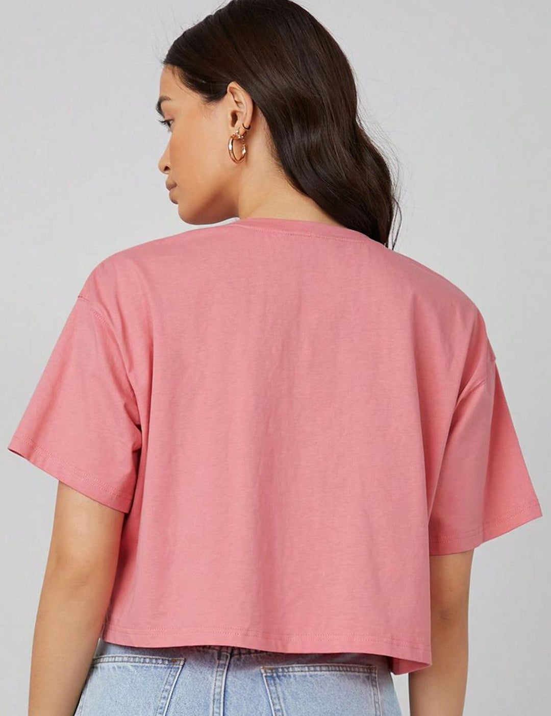 KOTTY Basics Pink Round Neck Drop-Shoulder Sleeves Crop Oversized T-shirt