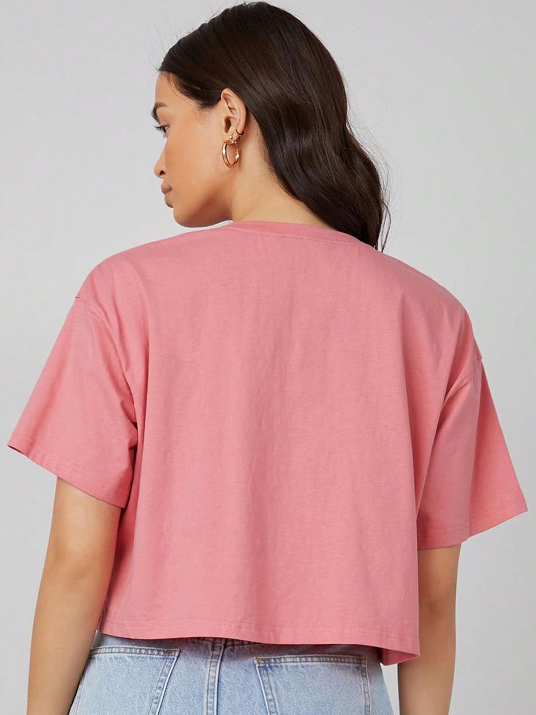 KOTTY Basics Pink Round Neck Drop-Shoulder Sleeves Crop Oversized T-shirt