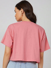 KOTTY Basics Pink Round Neck Drop-Shoulder Sleeves Crop Oversized T-shirt