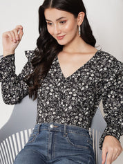 Kotty Floral Printed V-Neck Crepe Top