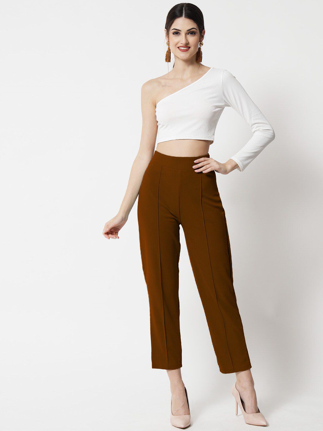 Kotty Women Brown Comfort Straight Fit High-Rise Easy Wash Trousers