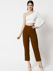 Kotty Women Brown Comfort Straight Fit High-Rise Easy Wash Trousers