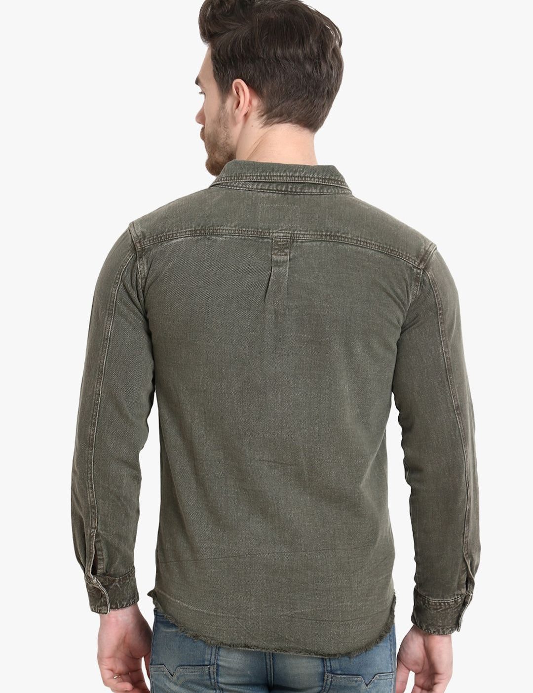 Kotty Men Olive Green Solid Denim Jacket