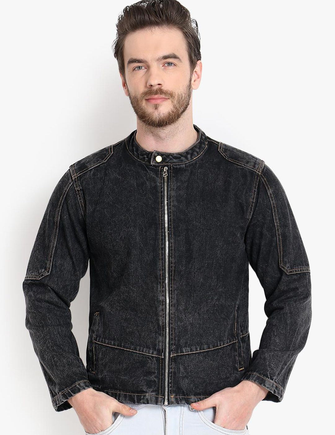Kotty Men Black Solid Denim Jacket
