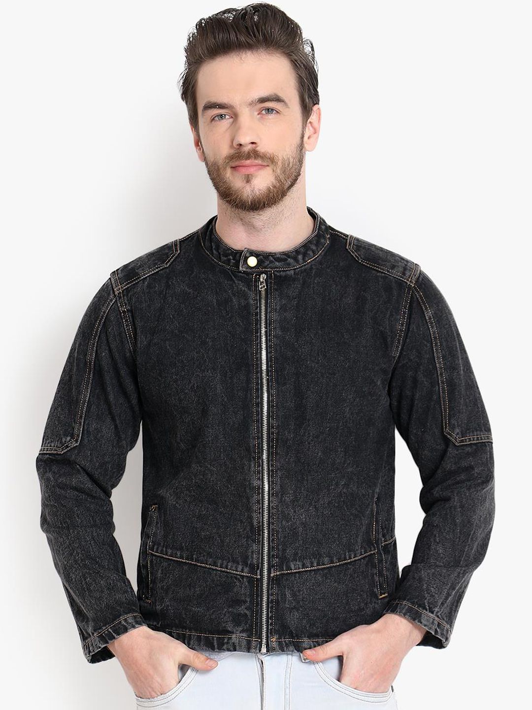 Kotty Men Black Solid Denim Jacket