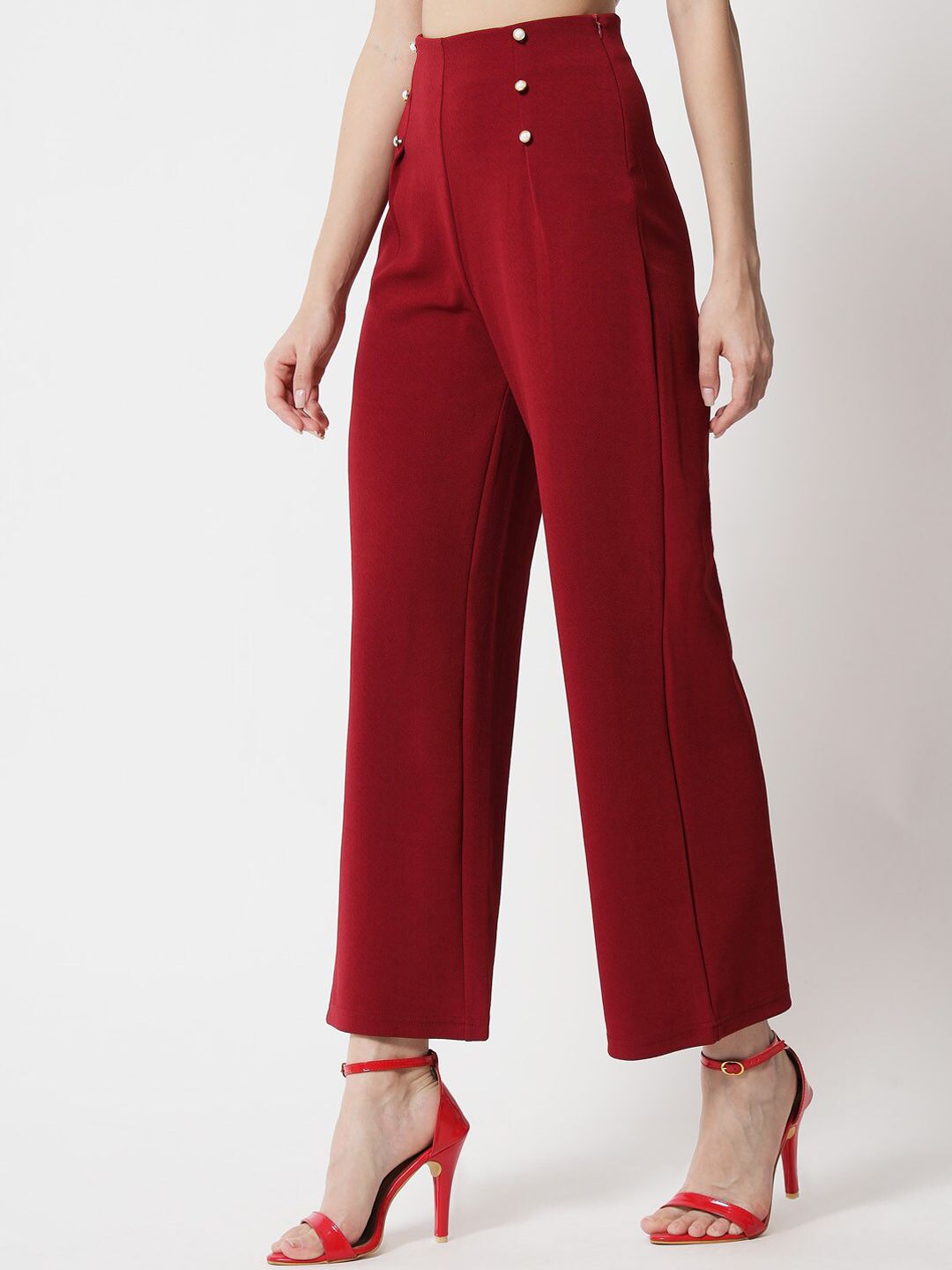 Kotty Women Maroon Relaxed Straight Fit High-Rise Easy Wash Trousers