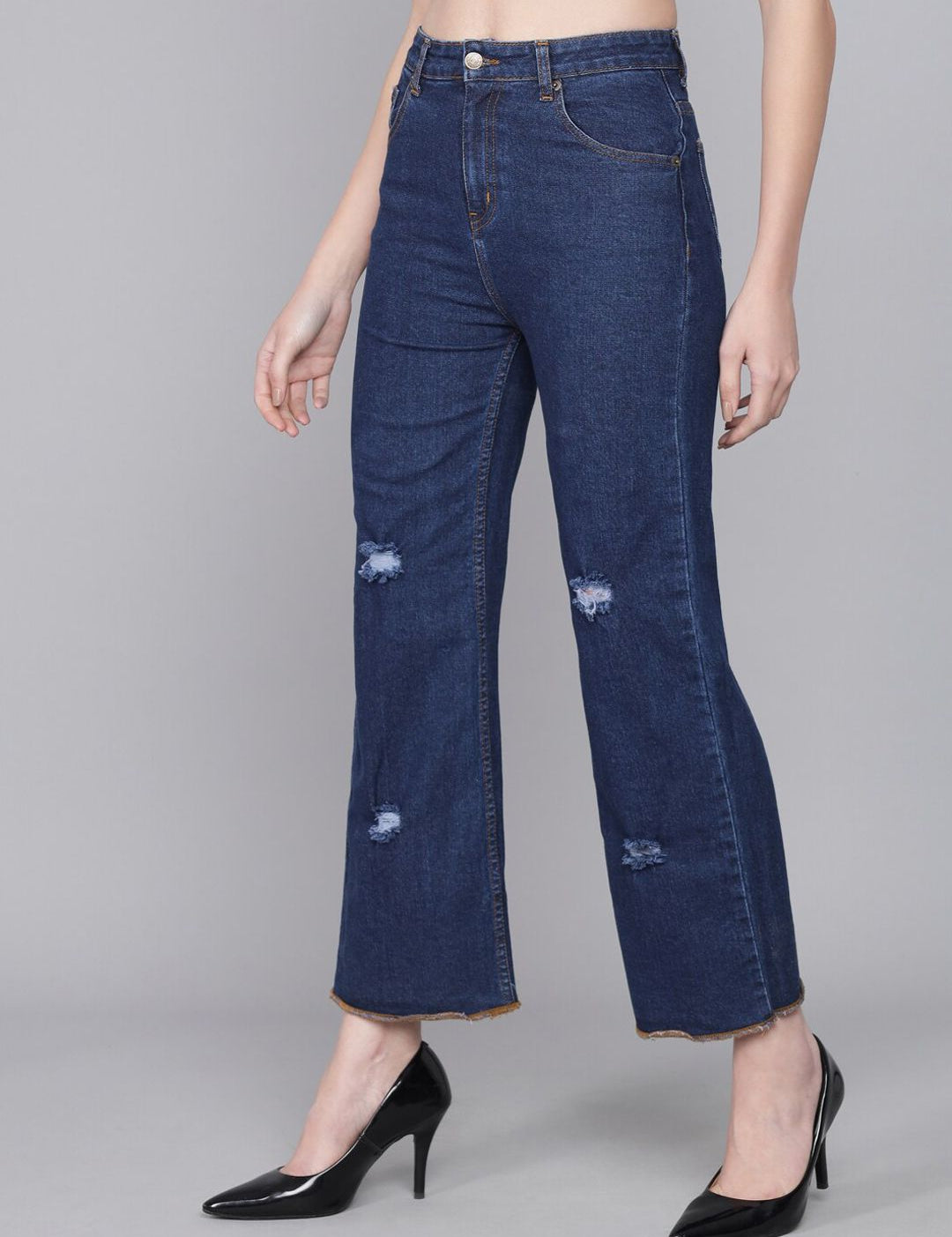 Kotty Women Blue Flared High-Rise Low Distress Jeans