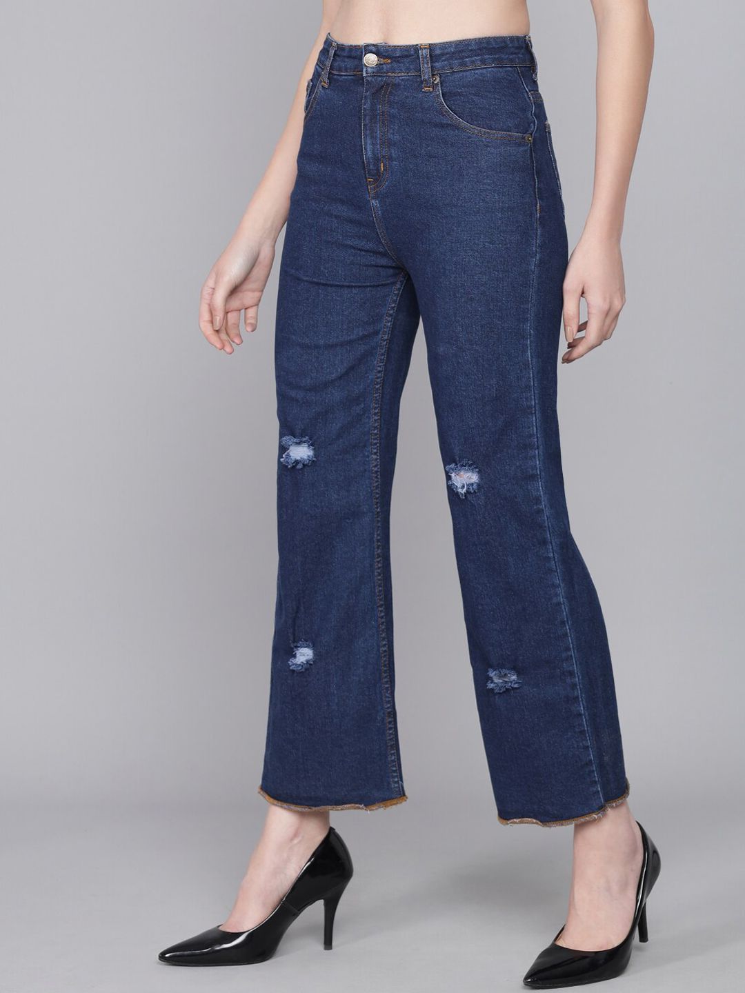 Kotty Women Blue Flared High-Rise Low Distress Jeans